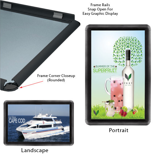 11 x 17 Snap Frame with Rounded Corners can be Wall Mounted in Portrait or Landscape Position