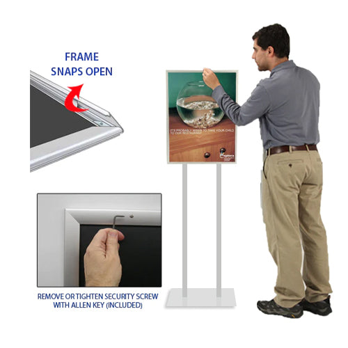 Double Pole Poster Floor Stand 30x30 Sign Holder with SECURITY SCREWS on Snap Frame 1 1/4" Wide