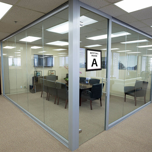 8.5 x 11 Window Mount is double sided. Display what room it is, where the exit is, or a promotional piece.